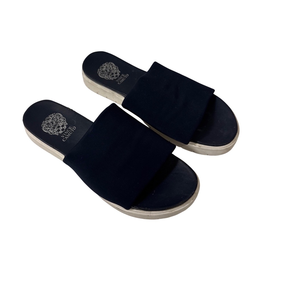 Vince Camuto Womens Navy Blue Fabric Wide Strap Platform Slide Sandals Size 9